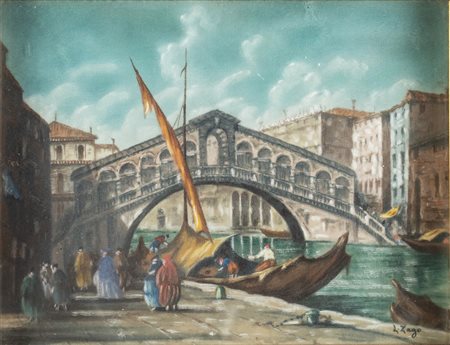 Artista del XIX-XX secolo, “Venezia, Ponte di Rialto”. Olio su cartone, firmato in basso a