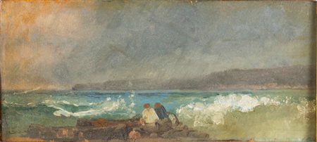 Eduardo Dalbono (Napoli 1841 - Napoli 1915), “Mareggiata”. Olio su tavoletta, firmato in basso