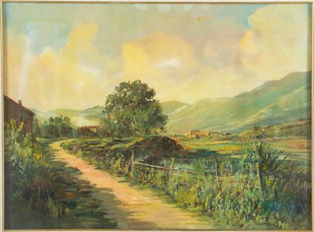 Anonimo del XX secolo, “Paesaggio”.  Olio su tela, firmato in basso a destra, H cm 61x80