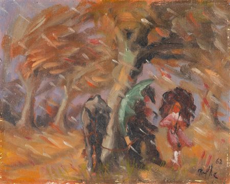 Tonino Dal Re (Imola 1924 - 2010), “Sotto la pioggia”, 1962. Olio su tavoletta, firmato e