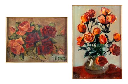 Camillo Stagni (Borgo Panigale 1888 - Bologna 1972), “Rose”. Lotto composto da due dipinti ad