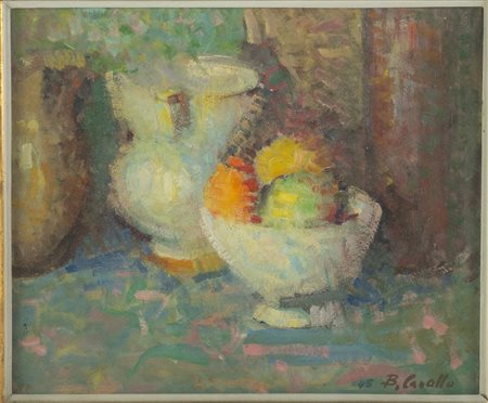 Artista del XX secolo, “Natura morta con frutta”, 1945. Olio su cartone, firmato e datato in