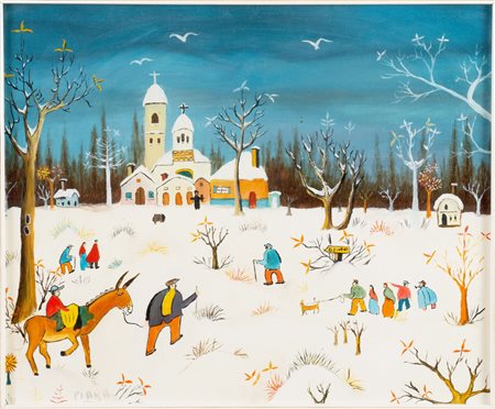 Atos Piana (XX secolo), “Scena di paese sotto la neve”.  Olio su tela, firmato in basso a