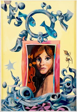 Rudi Gorog  (XX secolo), “Donna con pesci”, 1971. Olio su masonite, firmato e datato in basso a