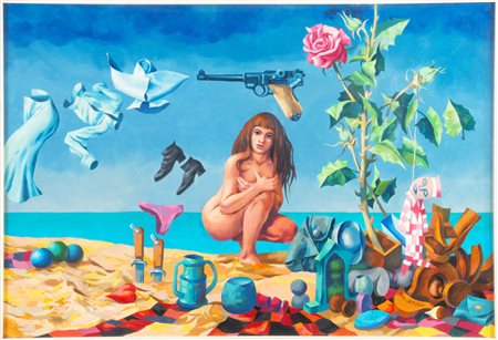 Rudi Gorog (XX secolo), “La ragazza e la pistola”, 1971. Olio su masonite, firmato in basso a