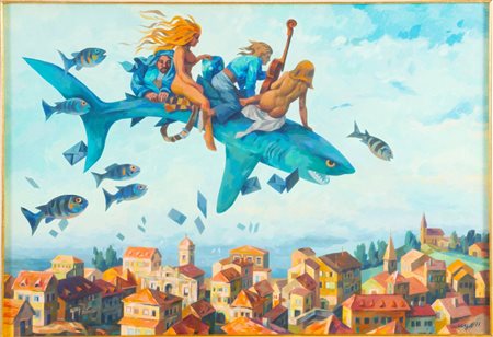 Rudi Gorog  (XX secolo), “Lo Squalo volante”, 1971.  Olio su masonite, firmato e datato in