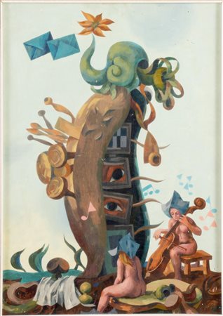 Rudi Gorog  (XX secolo), “La Suonatrice”, 1970. Olio su masonite, firmato e datato in basso a