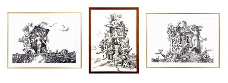 Rudi Gorog  (XX secolo), “Senza titolo”. Lotto di tre chine su carta firmate e datate in basso