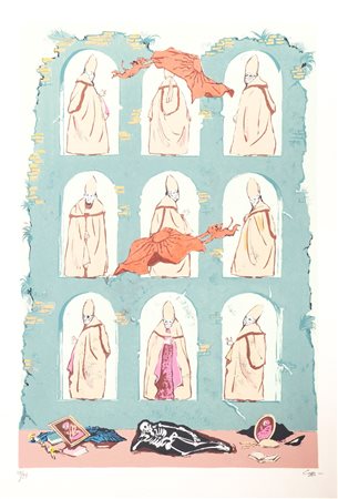 Nino Caffè (Alfedena 1908 - Pesaro 1975), “Cardinali”. Litografia a colori su carta, numero di