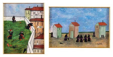 Artista del XX secolo, “Preti”.  Lotto composto da due dipinti a olio su cartone telato,