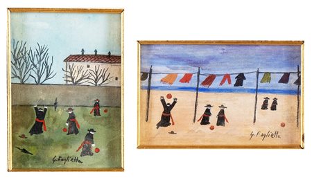 Artista del XX secolo, “Preti”.  Lotto composto da due dipinti a olio su cartone telato,