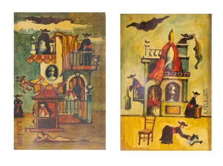 Alberto Pelagatti (San Giorgio di Piano 1927), “Cardinali”. Coppia di dipinti a olio su cartone