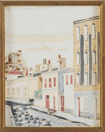 Orfeo Tamburi (Jesi 1910 - Parigi 1994), “Scorcio di città”. Acquerello su carta applicata su