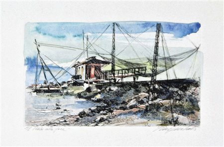 MAGNOLATO CESCO Noventa di Piave 1926 Il Piave alla foce acquaforte retouchè...