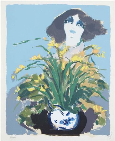 BORSATO RENATO Venezia 1927 - 2013 Figura con fiori litografia es. 40/100...