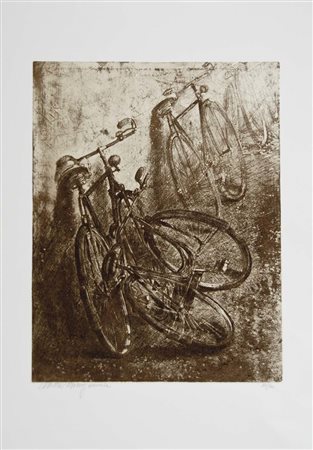 MASSAGRANDE MATTEO Padova 1959 Biciclette acquaforte es. 14/50 48x38 (lastra)...