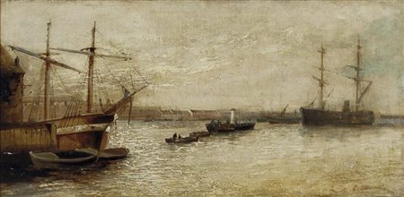 ANONIMO Barche al porto olio su tela 60x30 firma non decifrabile in basso a...