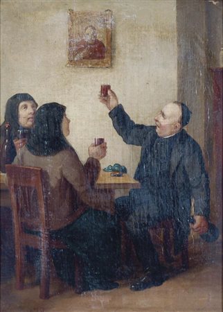 ANONIMO All'osteria 1870 olio su tela 40x30 firma non decifrabile e data in...