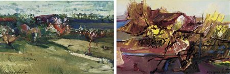 MAGNOLATO CESCO Noventa di Piave 1926 Paesaggio lotto di 2 olii su cartone...