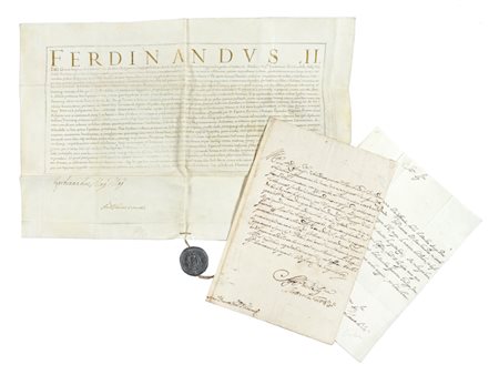 Raccolta di 5 lettere e documenti di Ferdinando II, Vittoria della Rovere ecc.  Datati XVII-XIX secolo. 