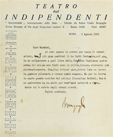 Bragaglia Anton Giulio, Lettera dattiloscritta con firma autografa.  Datata 2 agosto 1929.