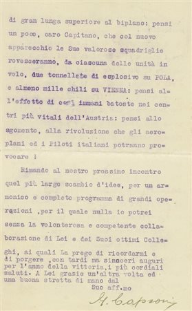 Caproni Gianni, Lettera dattiloscritta con firma autografa, inviata al capitano [Luigi] Falchi. Datata 22 gennaio 1917.