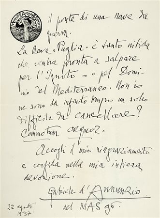 D'Annunzio Gabriele, Annotazione autografa su lettera di d’Annunzio riprodotta, e altre 2 lettere dello scrittore riprodotte.  Datate 1937.