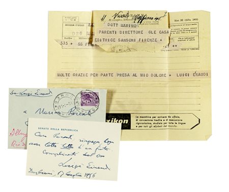 Einaudi Luigi, Raccolta di lettere, biglietti e telegrammi inviati al bibliografo Marino Parenti.  Anni ’40-’50.