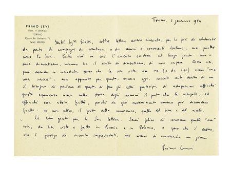 Levi Primo, Lettera autografa firmata, inviata a Nadia Giatti.  Datata Torino, 2 gennaio 1954.