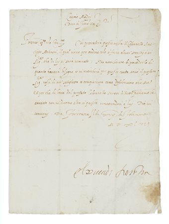 Medici Cosimo I (de), Lettera con firma autografa - El duca di Florentia - inviata a Roso da Vicchio, capitano della banda del Mugello. Firenze, 17 febbraio 1547.