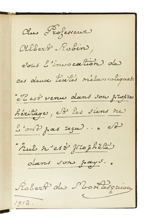 Montesquiou Robert (de), Dedica autografa ad Albert Robin su libro Rote Perlen, Leipzig, Im Xenien Verlag, 1912. 