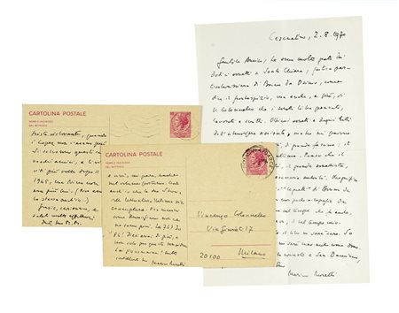 Moretti Marino, 3 cartoline postali e 1 lettera, autografe e firmate, inviate da Cesenatico all'editore Vincenzo Colonnello, Milano.  Datate 1970-71. 