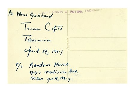 Truman Capote Truman Capote, Fotocartolina con annotazione e firma autografa.  Datata 14 aprile 1951, Taormina. 