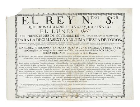Manifesto a stampa relativo all'annuncio reale di una corrida a Madrid.  Datato lunedì 7 novembre 1774. 