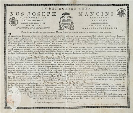 Diploma di Laurea dell'Università di Siena conferito al bibliofilo ed editore Gustavo Camillo Galletti.  Datato 8 luglio 1828. 