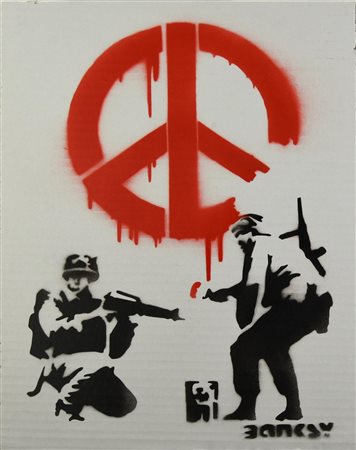 Banksy CND SOLDIERS spray stencil graffiti su cartone, cm 40x30; es. 18/50...
