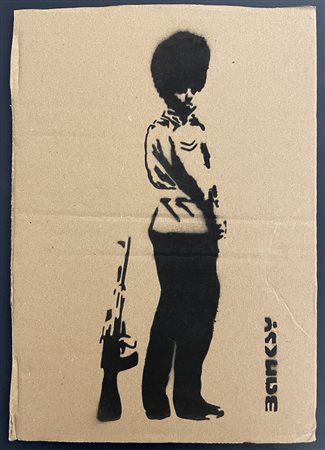 Banksy PISSING ROYAL GUARDSMAN, 2015 spray stencil graffiti su cartone, cm...
