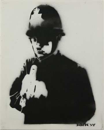 Banksy RUDE COP spray stencil su tela, cm 30x24; es. 7/15 firma a stencil sul...