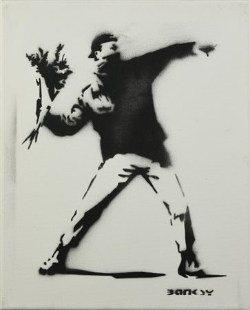 Banksy FLOWER THROWER spray stencil su tela, cm 30x24; es. 3/15 firma a...