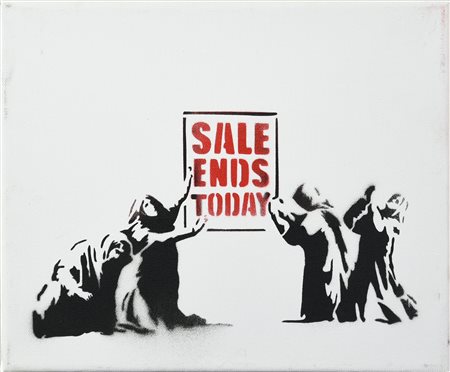 Banksy SALE ENDS spray stencil su tela, cm 25x30; es. 14/15 firma a stencil...