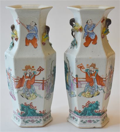 Cina coppia di vasi esagonali in porcellana 