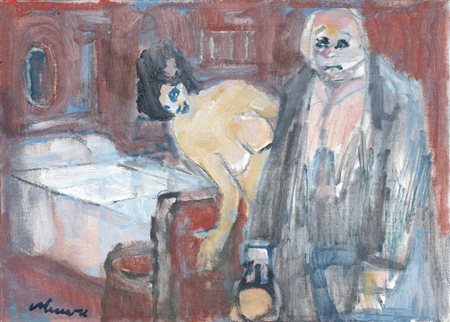 Mino Maccari Siena 1898 - Roma 1989 Figure Olio su cartone telato, cm....