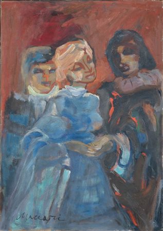 Mino Maccari Siena 1898 - Roma 1989 Tre figure Olio su cartone, cm. 50x35...