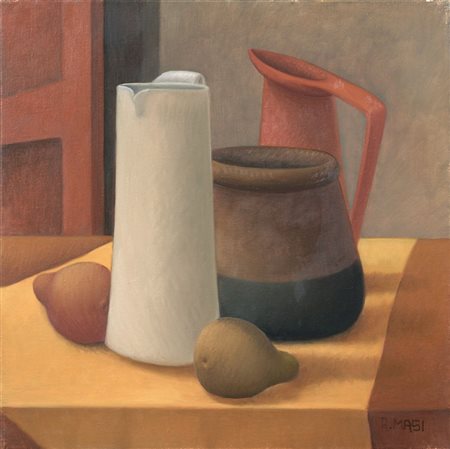 Roberto Masi Firenze 1940 Vaso brocche e pere Olio su tela, cm. 39,5x39,5...