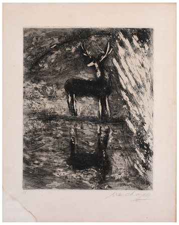 Marc Chagall (1887 - 1985). Il cervo che si specchia nell'acqua, da La Fontaine, 1927