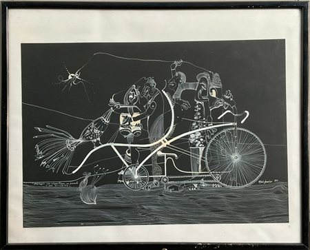 Mario Persico "Paesaggio con cinque figure, un pennuto e una bicicletta" 1980
in