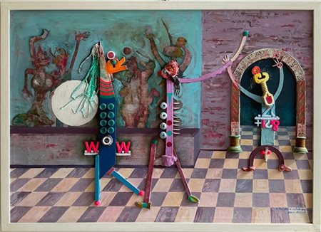 Mario Persico "I tutori della vetrata magica" 
tecnica mista e collage materico