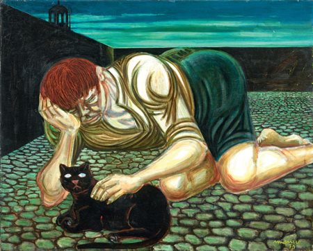 Giuseppe Migneco Messina 1908 - Milano 1997 Ragazzo con gatto, 1970 Olio su...