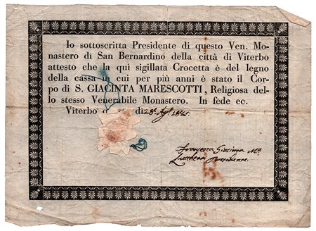 Santa Giacinta Marescotti (Vignanello 1585 - Viterbo 1640), Reliquia e certificazione sulla licenziosa santa