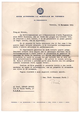 Giovanni Ponti (Venezia 1896 - Padova 1961), Inivito a Renato Brozzi per la Biennale di Venezia